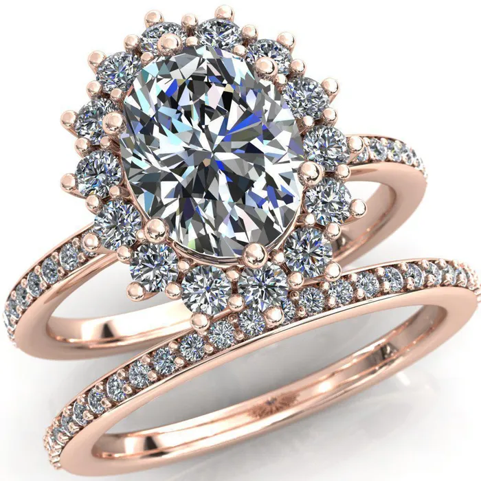 The Duchess Oval Lab Grown Diamond Center Stone 6 Prong Diamond Cluster Halo Ring Fire Brilliance Rings