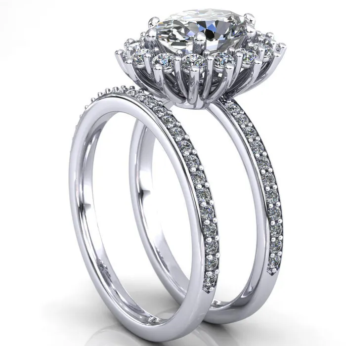 The Duchess Oval Lab Grown Diamond Center Stone 6 Prong Diamond Cluster Halo Ring Fire Brilliance Rings