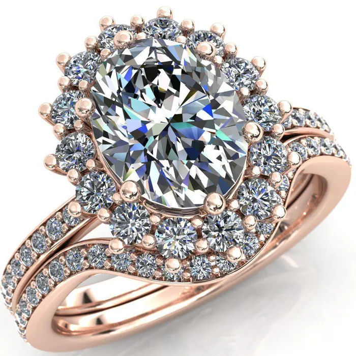 The Duchess Oval Lab Grown Diamond Center Stone 6 Prong Diamond Cluster Halo Ring Fire Brilliance Rings