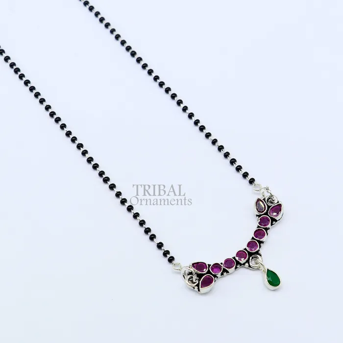 Trendy Red cut stone mangalsutra pendant 925 sterling silver black beads chain necklace traditional style brides Mangalsutra necklace ms16 TRIBAL ORNAMENTS Necklaces