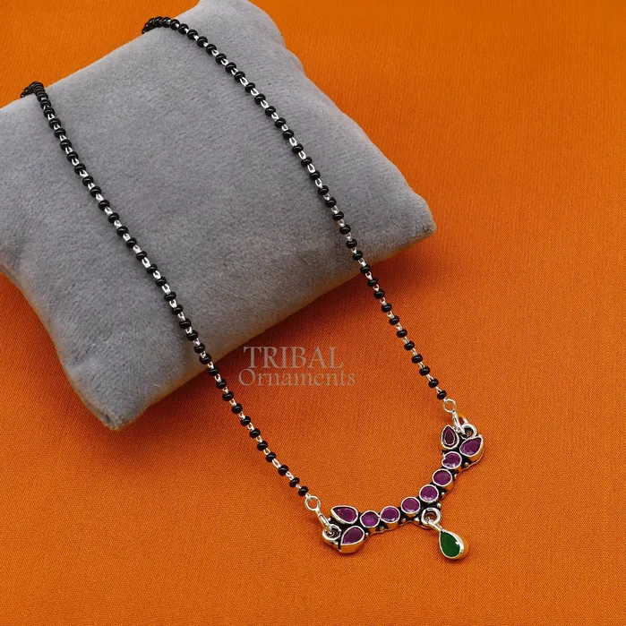 Trendy Red cut stone mangalsutra pendant 925 sterling silver black beads chain necklace traditional style brides Mangalsutra necklace ms16 TRIBAL ORNAMENTS Necklaces