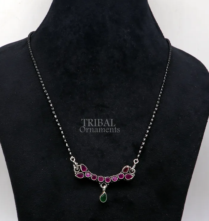 Trendy Red cut stone mangalsutra pendant 925 sterling silver black beads chain necklace traditional style brides Mangalsutra necklace ms16 TRIBAL ORNAMENTS Necklaces