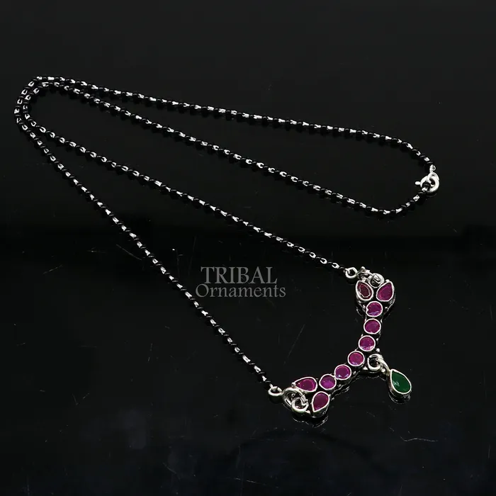 Trendy Red cut stone mangalsutra pendant 925 sterling silver black beads chain necklace traditional style brides Mangalsutra necklace ms16 TRIBAL ORNAMENTS Necklaces