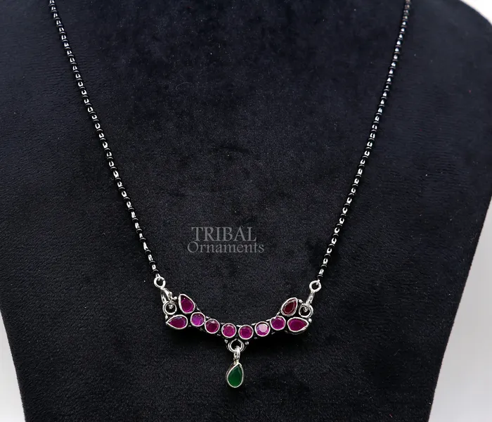 Trendy Red cut stone mangalsutra pendant 925 sterling silver black beads chain necklace traditional style brides Mangalsutra necklace ms16 TRIBAL ORNAMENTS Necklaces