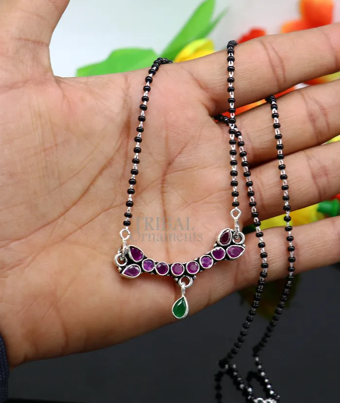 Trendy Red cut stone mangalsutra pendant 925 sterling silver black beads chain necklace traditional style brides Mangalsutra necklace ms16 TRIBAL ORNAMENTS Necklaces