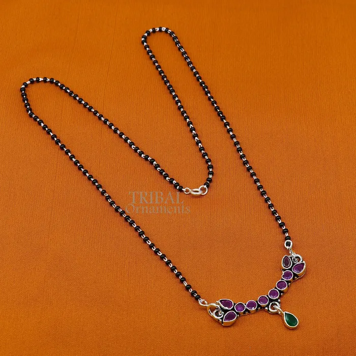 Trendy Red cut stone mangalsutra pendant 925 sterling silver black beads chain necklace traditional style brides Mangalsutra necklace ms16 TRIBAL ORNAMENTS Necklaces