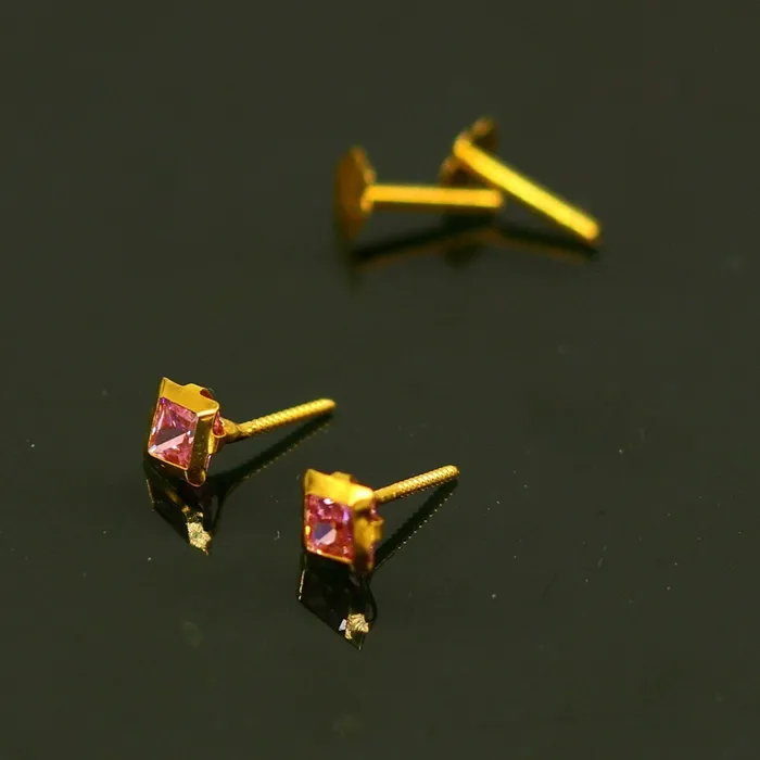 TRIBAL ORNAMENTS 3mm tiny single pink stone handmade 18kt yellow gold combo jewelry we can use as stud or nose stud baby stud cartilage jewelry er111 Earrings