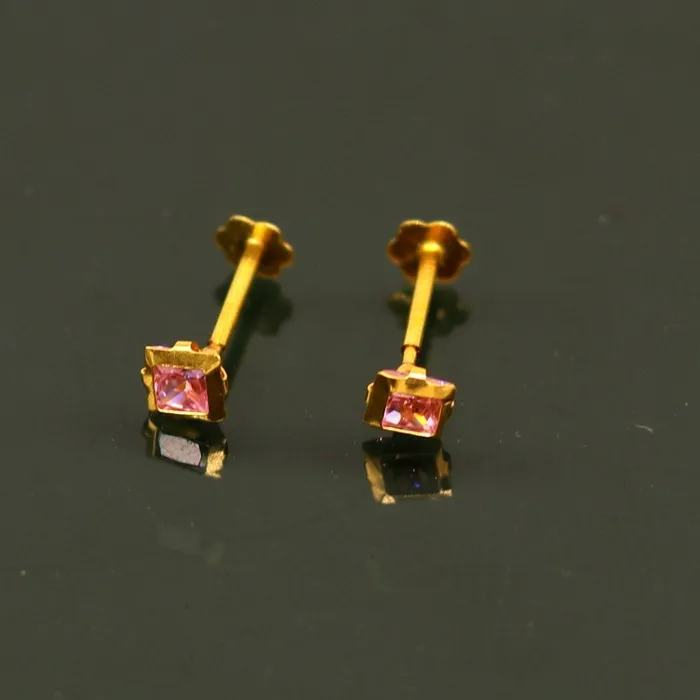 TRIBAL ORNAMENTS 3mm tiny single pink stone handmade 18kt yellow gold combo jewelry we can use as stud or nose stud baby stud cartilage jewelry er111 Earrings