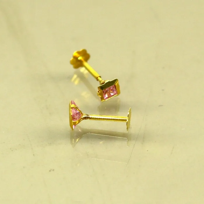 TRIBAL ORNAMENTS 3mm tiny single pink stone handmade 18kt yellow gold combo jewelry we can use as stud or nose stud baby stud cartilage jewelry er111 Earrings