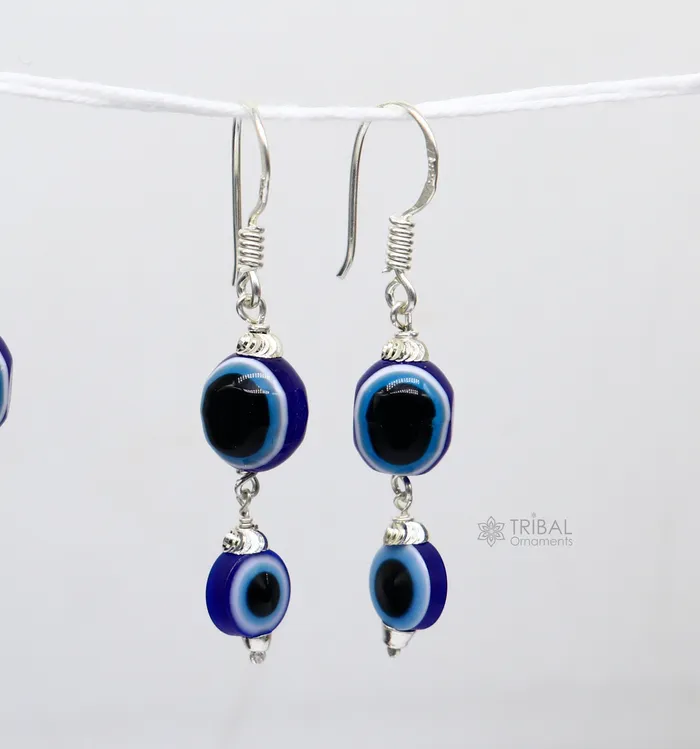 TRIBAL ORNAMENTS 925 Sterling silver evil eye handmade hoops earring amazing customized drop dangle evil eyes jewelry for girls s1163 Earrings