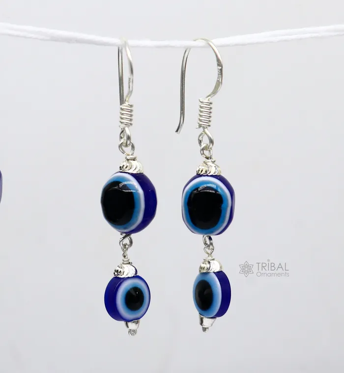 TRIBAL ORNAMENTS 925 Sterling silver evil eye handmade hoops earring amazing customized drop dangle evil eyes jewelry for girls s1163 Earrings