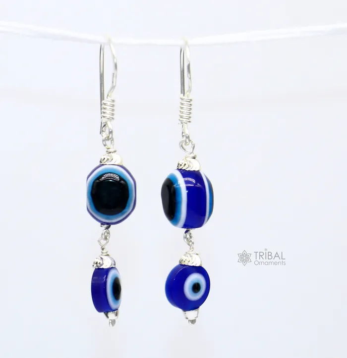 TRIBAL ORNAMENTS 925 Sterling silver evil eye handmade hoops earring amazing customized drop dangle evil eyes jewelry for girls s1163 Earrings