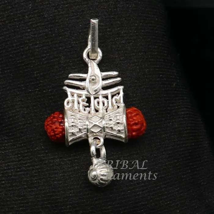 TRIBAL ORNAMENTS 925 sterling silver handmade Lord Shiva Damaru style Mahakal pendant gorgeous hanging drops excellent Mahakal pendant nsp548 Necklaces
