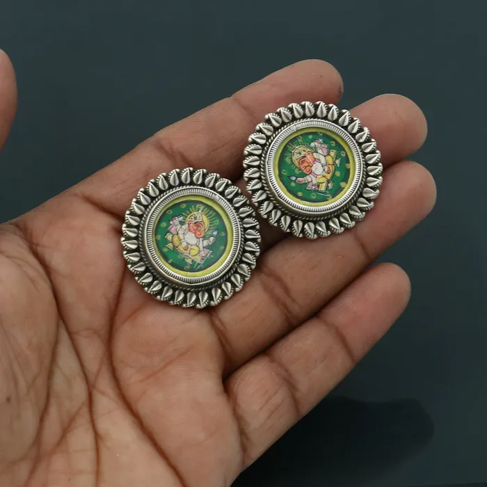 TRIBAL ORNAMENTS 925 sterling silver lord Ganesha painting miniature art Painting hoops earring s1342 Earrings TRIBAL ORNAMENTS 925 sterling silver lord Ganesha painting miniature art Painting hoops earring s1342 Earrings