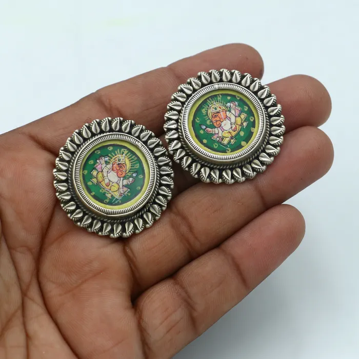 TRIBAL ORNAMENTS 925 sterling silver lord Ganesha painting miniature art Painting hoops earring s1342 Earrings TRIBAL ORNAMENTS 925 sterling silver lord Ganesha painting miniature art Painting hoops earring s1342 Earrings