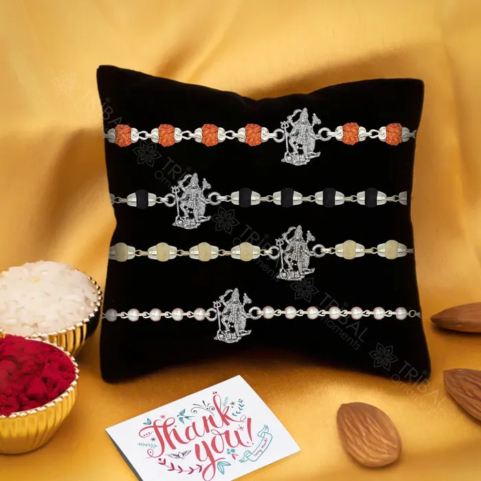 TRIBAL ORNAMENTS Amazing Goddess Kali maa design 925 sterling silver Rakhi bracelet in rudrakshblack basilwhite basil and silver beaded chain rk280 Bracelets TRIBAL ORNAMENTS Amazing Goddess Kali maa design 925 sterling silver Rakhi bracelet in rudrakshblack basilwhite basil and silver beaded chain rk280 Bracelets