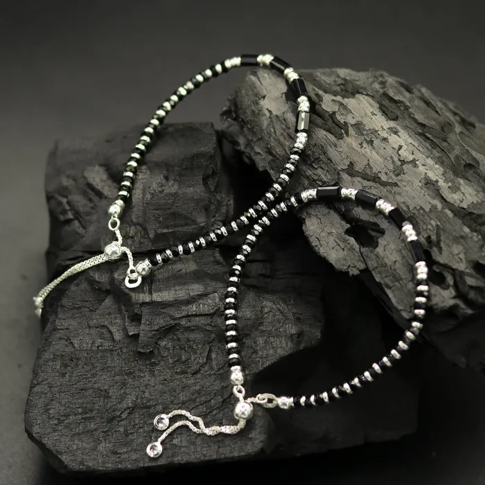 TRIBAL ORNAMENTS Bracelets 7 inches long handmade 925 sterling silver fabulous silver beads black stone charm adjustable customized single bracelet for girls gifting sbr170