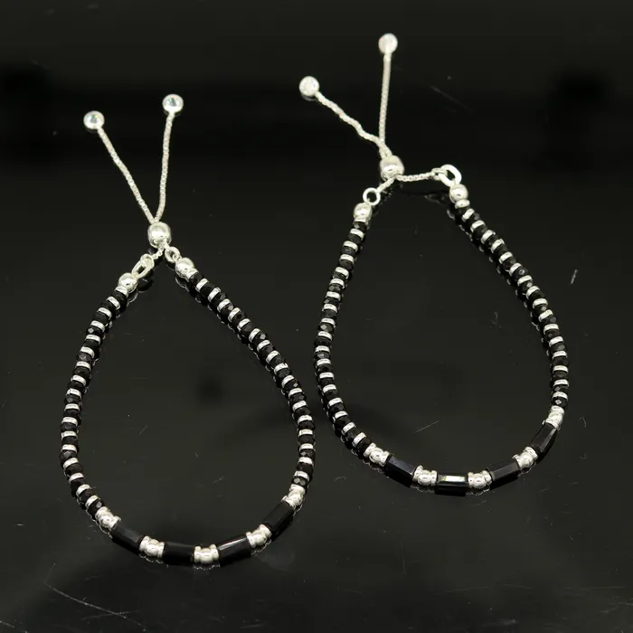 TRIBAL ORNAMENTS Bracelets 7 inches long handmade 925 sterling silver fabulous silver beads black stone charm adjustable customized single bracelet for girls gifting sbr170