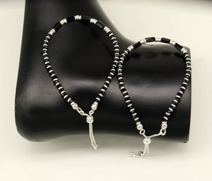 TRIBAL ORNAMENTS Bracelets 7 inches long handmade 925 sterling silver fabulous silver beads black stone charm adjustable customized single bracelet for girls gifting sbr170