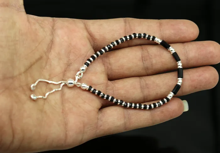 TRIBAL ORNAMENTS Bracelets 7 inches long handmade 925 sterling silver fabulous silver beads black stone charm adjustable customized single bracelet for girls gifting sbr170