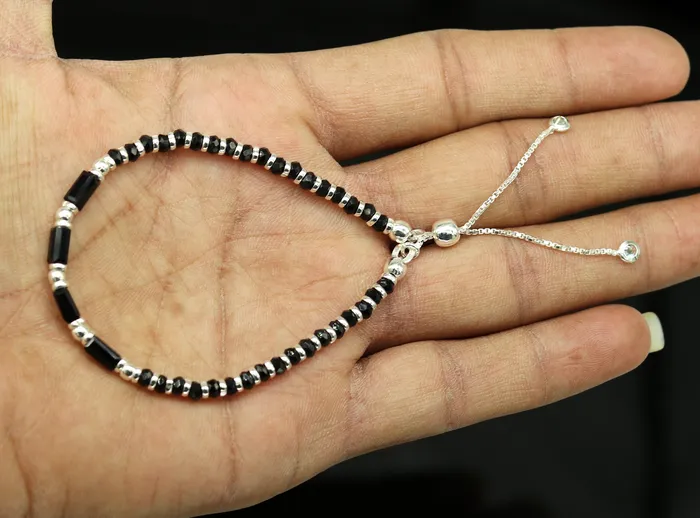 TRIBAL ORNAMENTS Bracelets 7 inches long handmade 925 sterling silver fabulous silver beads black stone charm adjustable customized single bracelet for girls gifting sbr170