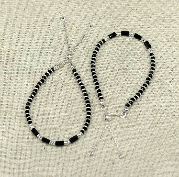 TRIBAL ORNAMENTS Bracelets 7 inches long handmade 925 sterling silver fabulous silver beads black stone charm adjustable customized single bracelet for girls gifting sbr170