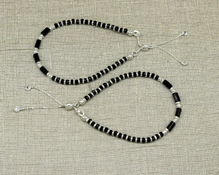 TRIBAL ORNAMENTS Bracelets 7 inches long handmade 925 sterling silver fabulous silver beads black stone charm adjustable customized single bracelet for girls gifting sbr170