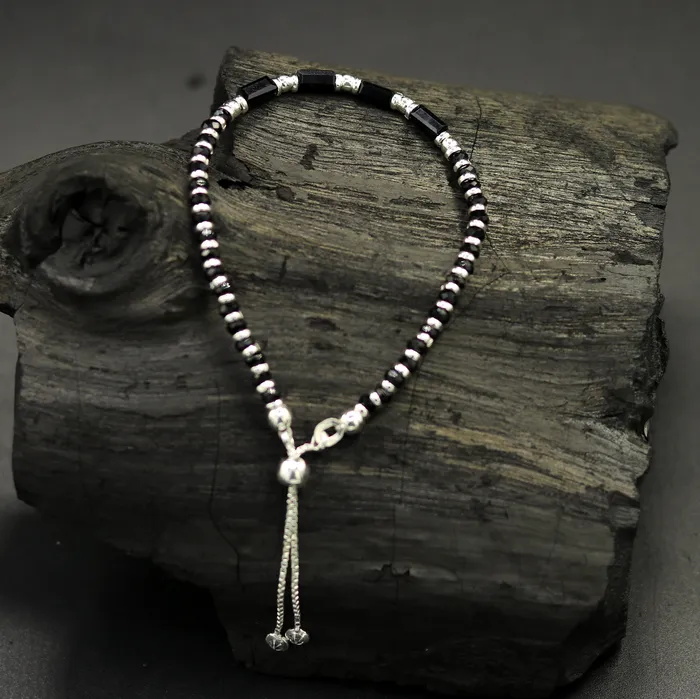 TRIBAL ORNAMENTS Bracelets 7 inches long handmade 925 sterling silver fabulous silver beads black stone charm adjustable customized single bracelet for girls gifting sbr170