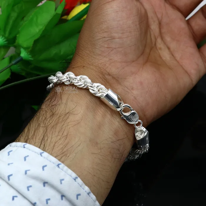 TRIBAL ORNAMENTS Bracelets 8mm 925 sterling silver handmade amazing 85 inches rope chain flexible heavy mens bracelet jewelry from Rajasthan india sbr707