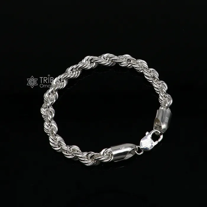TRIBAL ORNAMENTS Bracelets 8mm 925 sterling silver handmade amazing 85 inches rope chain flexible heavy mens bracelet jewelry from Rajasthan india sbr707