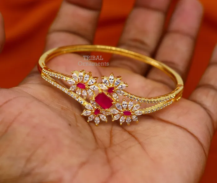 TRIBAL ORNAMENTS Bracelets 925 sterling silver gold polished handmade amazing cubic zircon stone cuff bangle bracelet kada customized girls jewelry cuff83
