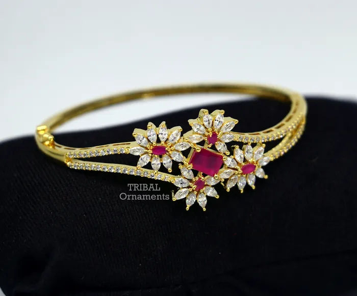 TRIBAL ORNAMENTS Bracelets 925 sterling silver gold polished handmade amazing cubic zircon stone cuff bangle bracelet kada customized girls jewelry cuff83