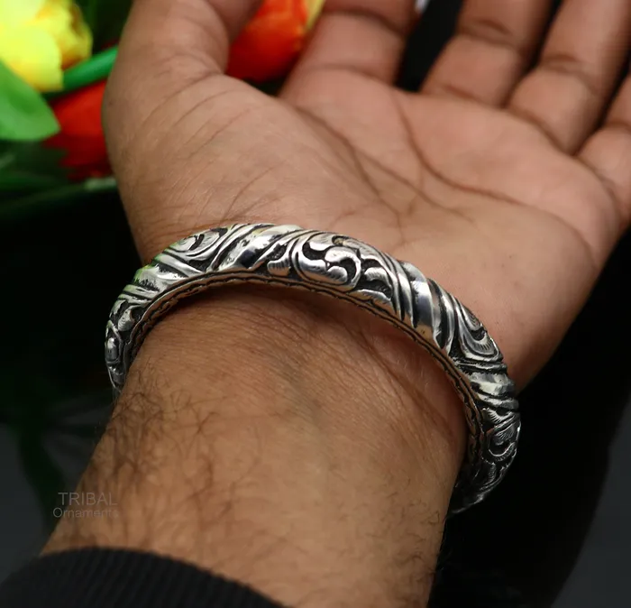 TRIBAL ORNAMENTS Bracelets Elegant 925 Sterling silver handcrafted chitai work customized oxidized stylish vintage design bangle bracelet kada tribal jewelry nsk398