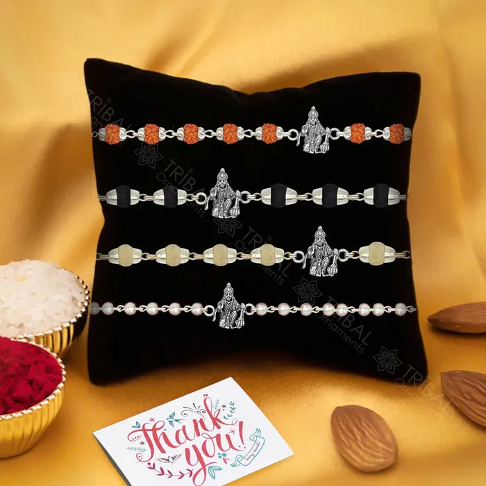 TRIBAL ORNAMENTS Bracelets Exclusive style Lord blessing hanuman 925 sterling silver Rakhi bracelet in rudrakshblack basilwhite basil and silver beaded chain rk265 TRIBAL ORNAMENTS Bracelets Exclusive style Lord blessing hanuman 925 sterling silver Rakhi bracelet in rudrakshblack basilwhite basil and silver beaded chain rk265