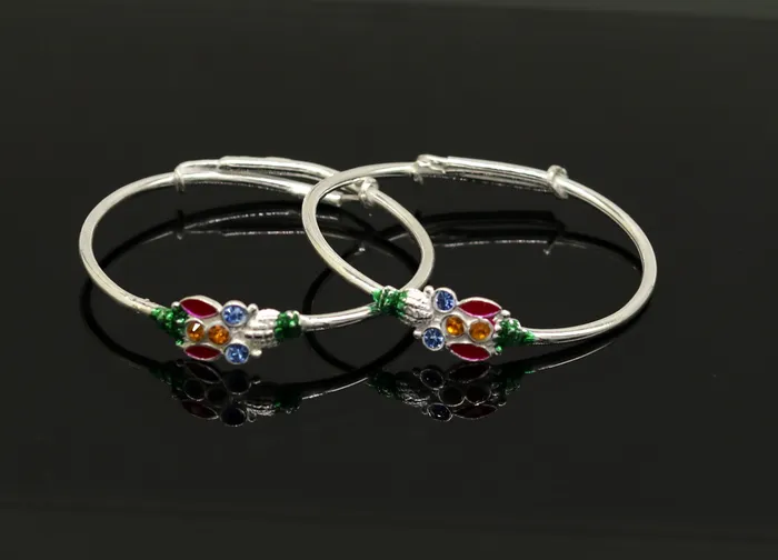 TRIBAL ORNAMENTS Bracelets Handmade vintage customized design silver adjustable baby bangle kada awesome enamel design bangle bracelet unisex kids jewelry nbbk92