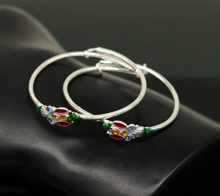 TRIBAL ORNAMENTS Bracelets Handmade vintage customized design silver adjustable baby bangle kada awesome enamel design bangle bracelet unisex kids jewelry nbbk92