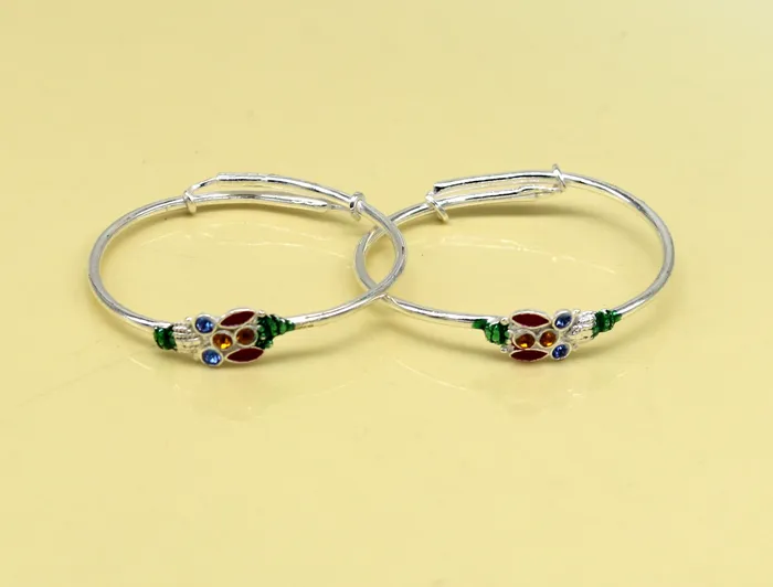 TRIBAL ORNAMENTS Bracelets Handmade vintage customized design silver adjustable baby bangle kada awesome enamel design bangle bracelet unisex kids jewelry nbbk92