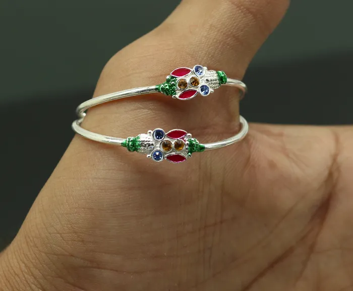 TRIBAL ORNAMENTS Bracelets Handmade vintage customized design silver adjustable baby bangle kada awesome enamel design bangle bracelet unisex kids jewelry nbbk92