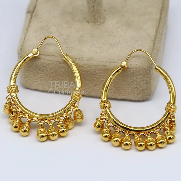 TRIBAL ORNAMENTS Earrings Vintage antique design handmade 925 sterling silver gorgeous gold polished hoops boho earrings bali with bells tribal Banjara jewelry s1147 TRIBAL ORNAMENTS Earrings Vintage antique design handmade 925 sterling silver gorgeous gold polished hoops boho earrings bali with bells tribal Banjara jewelry s1147