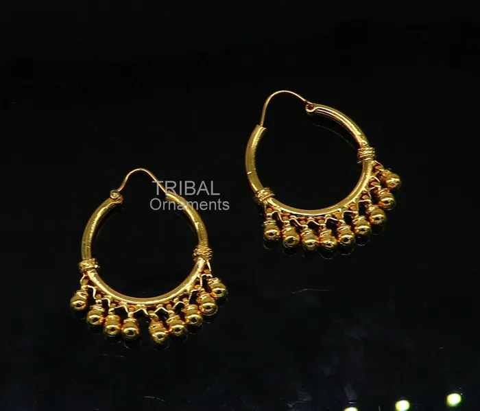 TRIBAL ORNAMENTS Earrings Vintage antique design handmade 925 sterling silver gorgeous gold polished hoops boho earrings bali with bells tribal Banjara jewelry s1147 TRIBAL ORNAMENTS Earrings Vintage antique design handmade 925 sterling silver gorgeous gold polished hoops boho earrings bali with bells tribal Banjara jewelry s1147