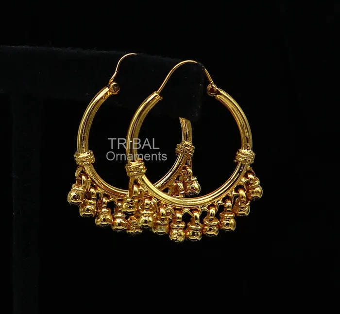 TRIBAL ORNAMENTS Earrings Vintage antique design handmade 925 sterling silver gorgeous gold polished hoops boho earrings bali with bells tribal Banjara jewelry s1147 TRIBAL ORNAMENTS Earrings Vintage antique design handmade 925 sterling silver gorgeous gold polished hoops boho earrings bali with bells tribal Banjara jewelry s1147