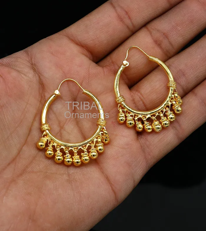 TRIBAL ORNAMENTS Earrings Vintage antique design handmade 925 sterling silver gorgeous gold polished hoops boho earrings bali with bells tribal Banjara jewelry s1147 TRIBAL ORNAMENTS Earrings Vintage antique design handmade 925 sterling silver gorgeous gold polished hoops boho earrings bali with bells tribal Banjara jewelry s1147