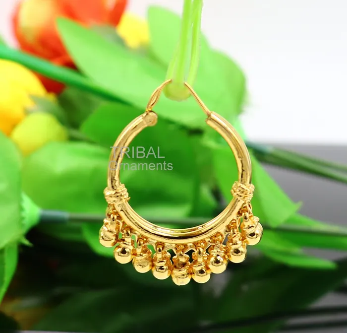 TRIBAL ORNAMENTS Earrings Vintage antique design handmade 925 sterling silver gorgeous gold polished hoops boho earrings bali with bells tribal Banjara jewelry s1147 TRIBAL ORNAMENTS Earrings Vintage antique design handmade 925 sterling silver gorgeous gold polished hoops boho earrings bali with bells tribal Banjara jewelry s1147