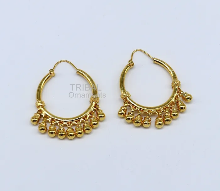 TRIBAL ORNAMENTS Earrings Vintage antique design handmade 925 sterling silver gorgeous gold polished hoops boho earrings bali with bells tribal Banjara jewelry s1147 TRIBAL ORNAMENTS Earrings Vintage antique design handmade 925 sterling silver gorgeous gold polished hoops boho earrings bali with bells tribal Banjara jewelry s1147