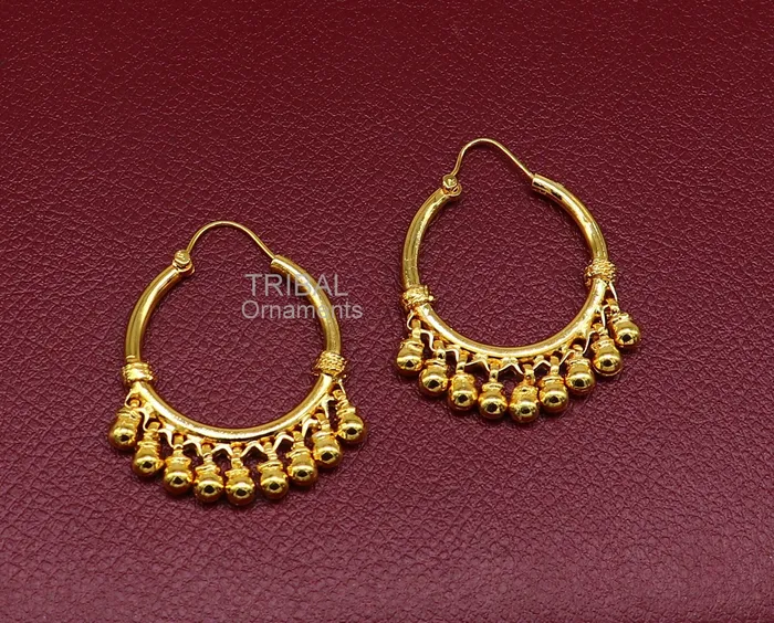 TRIBAL ORNAMENTS Earrings Vintage antique design handmade 925 sterling silver gorgeous gold polished hoops boho earrings bali with bells tribal Banjara jewelry s1147 TRIBAL ORNAMENTS Earrings Vintage antique design handmade 925 sterling silver gorgeous gold polished hoops boho earrings bali with bells tribal Banjara jewelry s1147