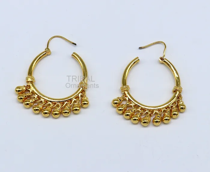 TRIBAL ORNAMENTS Earrings Vintage antique design handmade 925 sterling silver gorgeous gold polished hoops boho earrings bali with bells tribal Banjara jewelry s1147 TRIBAL ORNAMENTS Earrings Vintage antique design handmade 925 sterling silver gorgeous gold polished hoops boho earrings bali with bells tribal Banjara jewelry s1147