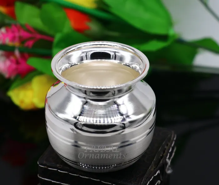 TRIBAL ORNAMENTS Rings 23inches 925 sterling silver handmade plain small Kalash or pot unique special silver puja article water or milk kalash pot india su988