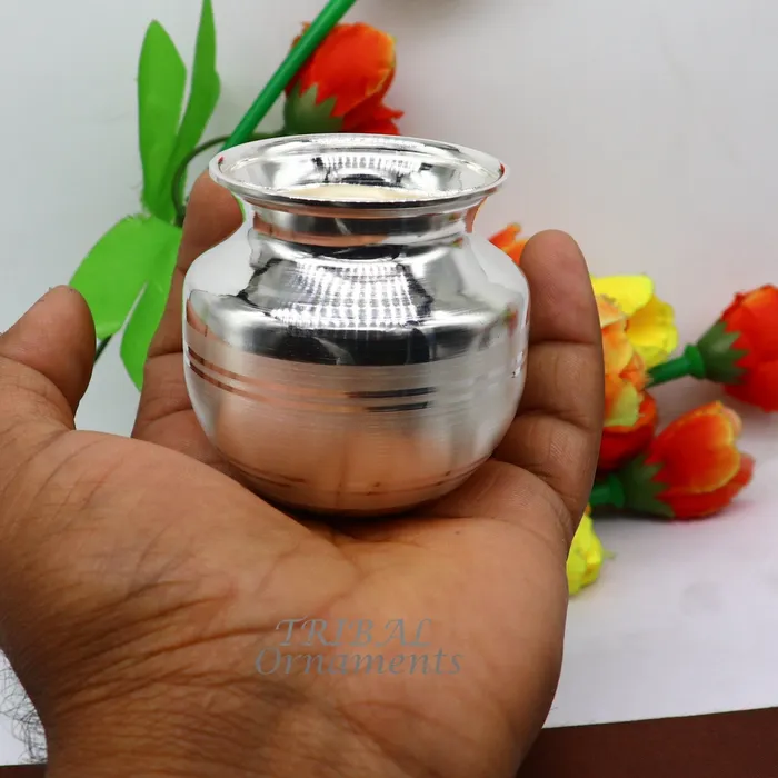 TRIBAL ORNAMENTS Rings 23inches 925 sterling silver handmade plain small Kalash or pot unique special silver puja article water or milk kalash pot india su988