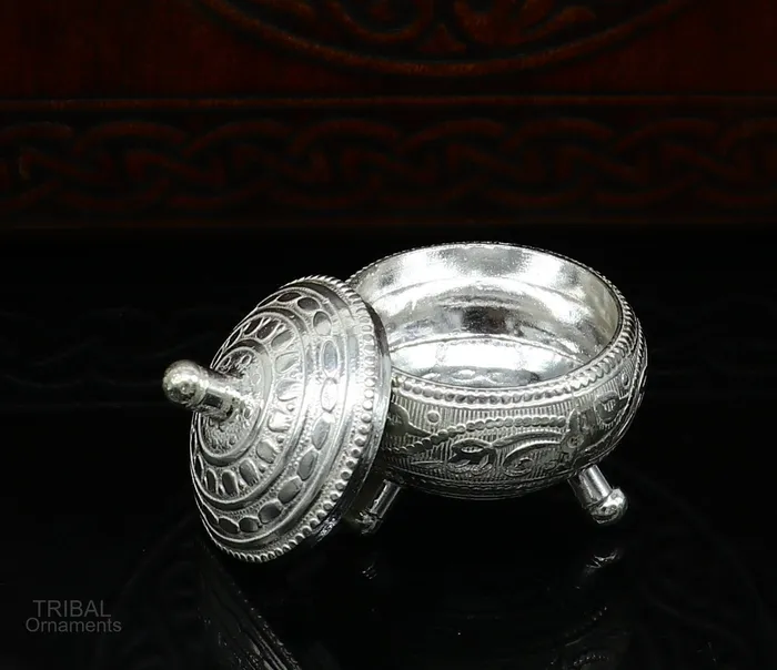 TRIBAL ORNAMENTS Rings 925 Sterling silver handmade fabulous trinket box solid kumkum box casket box sindoor box enamel work customized gifting box stb271