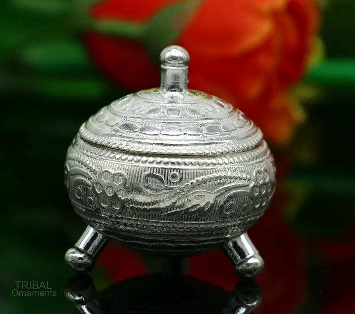 TRIBAL ORNAMENTS Rings 925 Sterling silver handmade fabulous trinket box solid kumkum box casket box sindoor box enamel work customized gifting box stb271